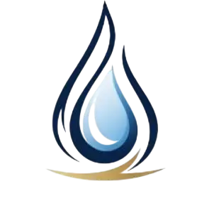 Icono de gota de agua estilizada en tonos azules y dorados, representando el ahorro y la conservación del agua.