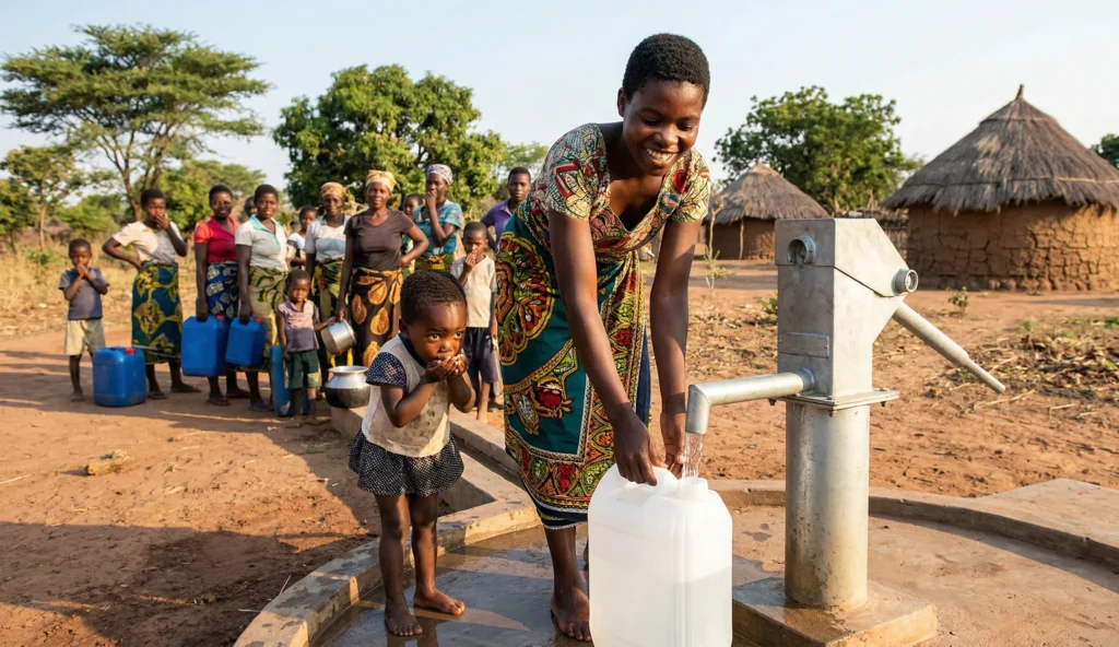 Mujer sonriente extrayendo agua de una bomba mientras una niña la observa, rodeadas de un grupo de personas en una aldea. La escena destaca la importancia del acceso al agua potable en comunidades rurales.