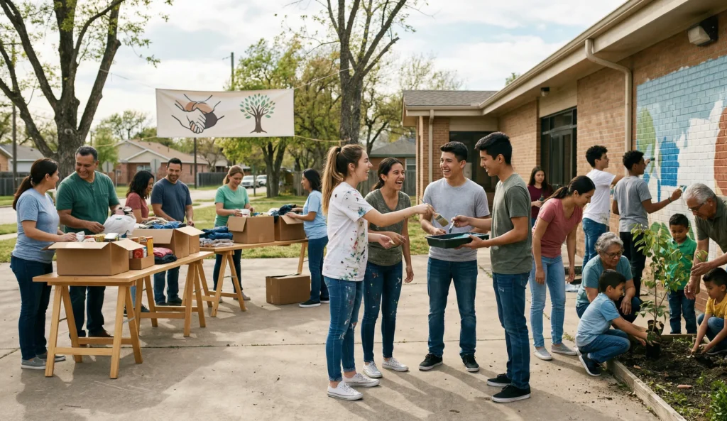 Grupo de personas participando en una actividad comunitaria al aire libre, organizando donaciones y pintando un mural en una pared. Se observan cajas con ropa y alimentos, mientras algunos individuos plantan árboles y otros colaboran en la decoración.