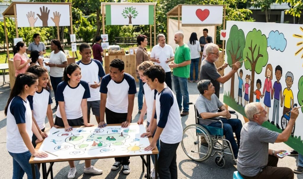 Grupo de jóvenes participando en una actividad comunitaria al aire libre, trabajando en un mural y aprendiendo sobre la sostenibilidad, mientras adultos conversan y disfrutan del evento. Se observan carteles con símbolos de la naturaleza y la comunidad.