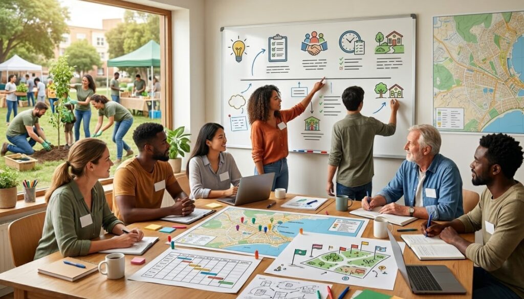 Grupo diverso de personas colaborando en una reunión, discutiendo ideas en una pizarra blanca, mientras otros trabajan en un jardín al aire libre. Se observan mapas, gráficos y notas en la mesa, reflejando un enfoque en el trabajo comunitario y la planificación de proyectos.