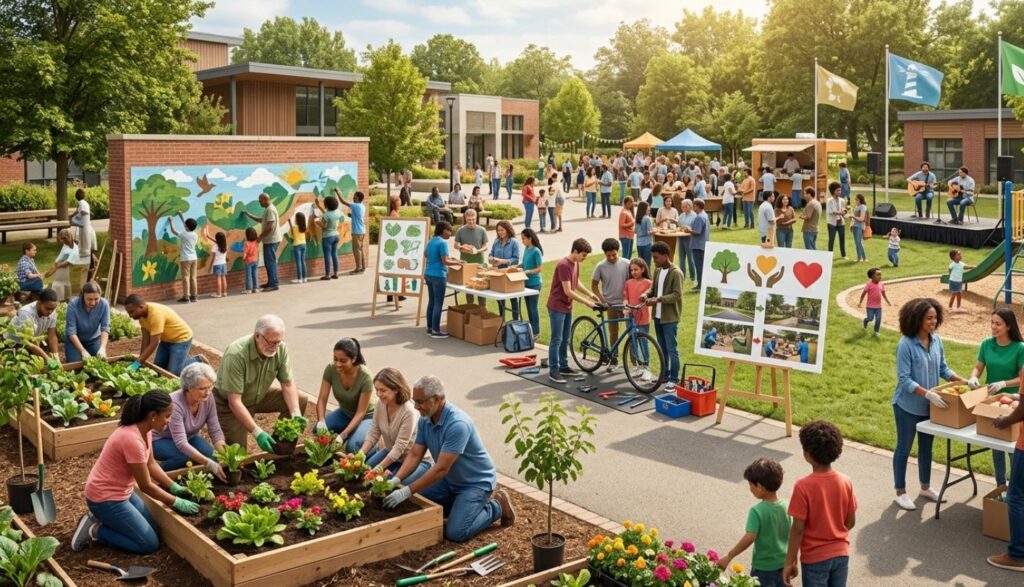 Evento comunitario en un parque con personas de diversas edades participando en actividades al aire libre, como jardinería, arte mural y distribución de alimentos. Se observan mesas con productos y un escenario con música en vivo, promoviendo la cohesión social y el cuidado del medio ambiente.
