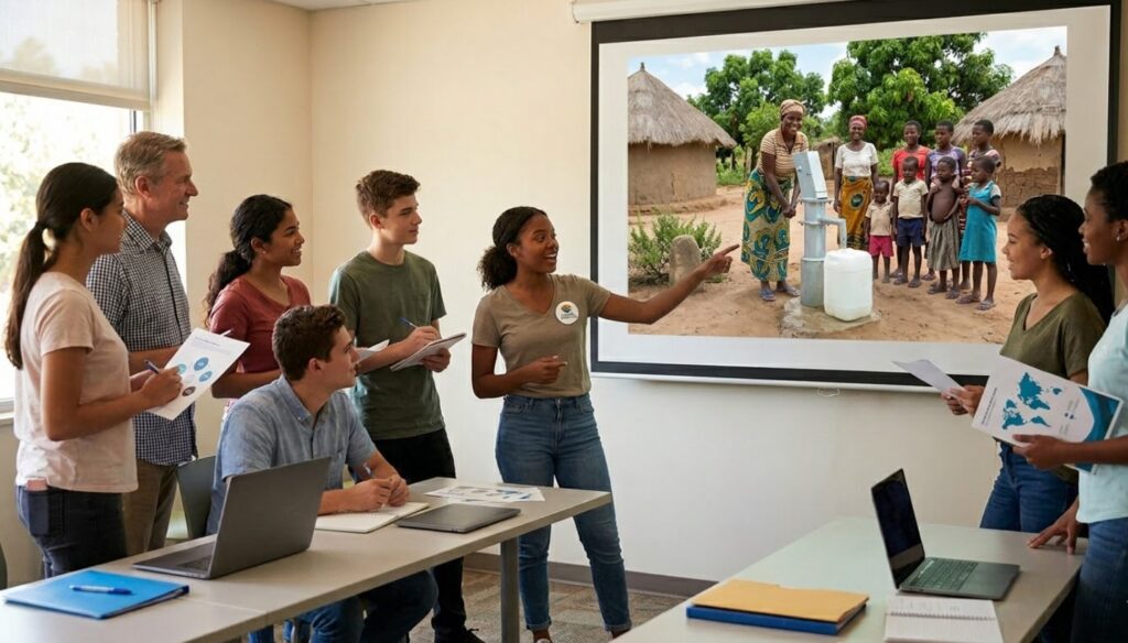 Grupo de personas en una sala de reuniones, presentando un proyecto sobre acceso al agua potable, con una imagen de una comunidad en África en la pantalla. Los participantes están tomando notas y discutiendo ideas.