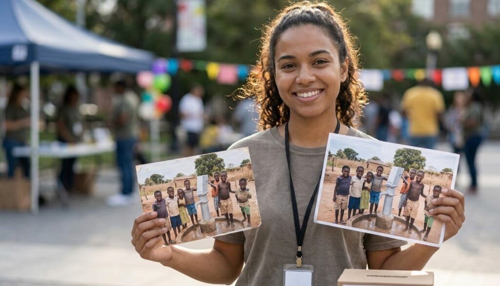 Mujer sonriente sosteniendo dos fotos de niños en una comunidad, mostrando un pozo de agua. Fondo con decoraciones coloridas y personas en un evento comunitario.
