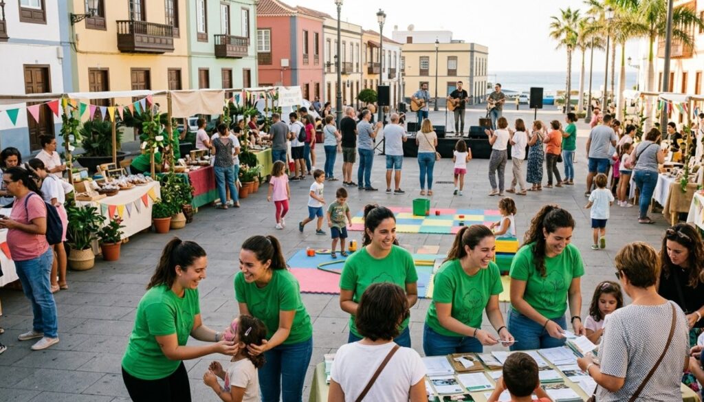 Evento comunitario en una plaza con actividades familiares, música en vivo y puestos de comida. Personas de todas las edades participan en juegos y compran productos locales, mientras los niños juegan en el suelo.