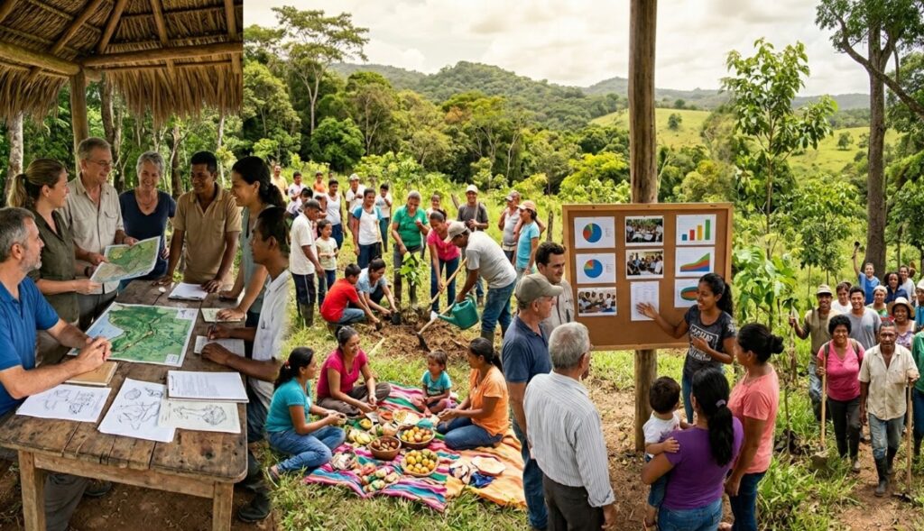 Reunión comunitaria en un entorno rural donde se discuten proyectos de desarrollo sostenible, con personas colaborando en la plantación de árboles y otros participando en una presentación sobre el progreso del proyecto.