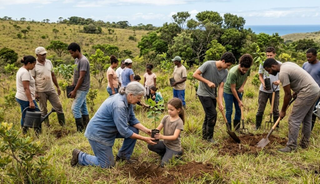 Grupo diverso de personas plantando árboles en un paisaje natural, con un enfoque en una mujer mayor que entrega una planta a una niña. La actividad resalta la importancia de la reforestación y el trabajo comunitario en la conservación ambiental.