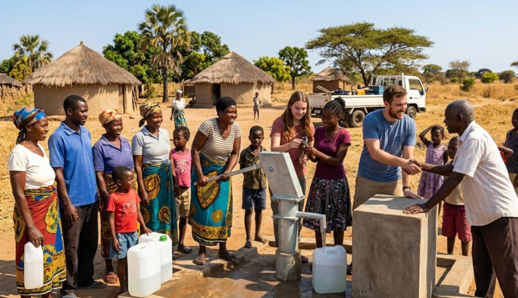 Grupo de personas en una comunidad rural, celebrando la instalación de una bomba de agua. Se observan mujeres, hombres y niños sonriendo, con garrafas de agua a su lado. El ambiente es soleado y se ven casas de barro al fondo, simbolizando un esfuerzo comunitario por mejorar el acceso al agua potable.