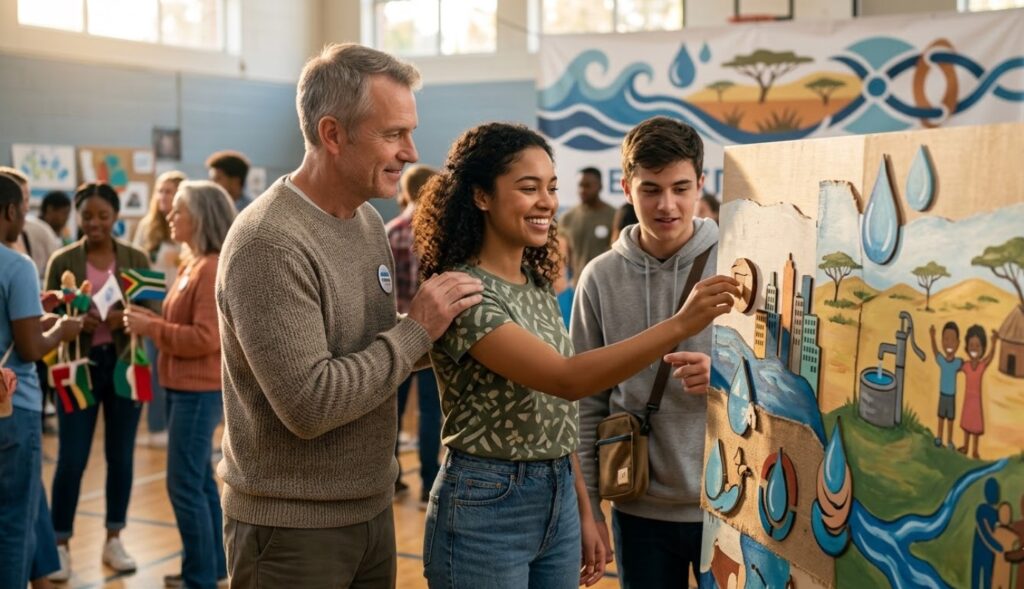Evento comunitario en un gimnasio donde personas de diferentes edades interactúan con una exhibición sobre el agua. Un hombre mayor y dos jóvenes observan y participan en la actividad, que incluye un mural ilustrativo sobre el agua y su importancia.